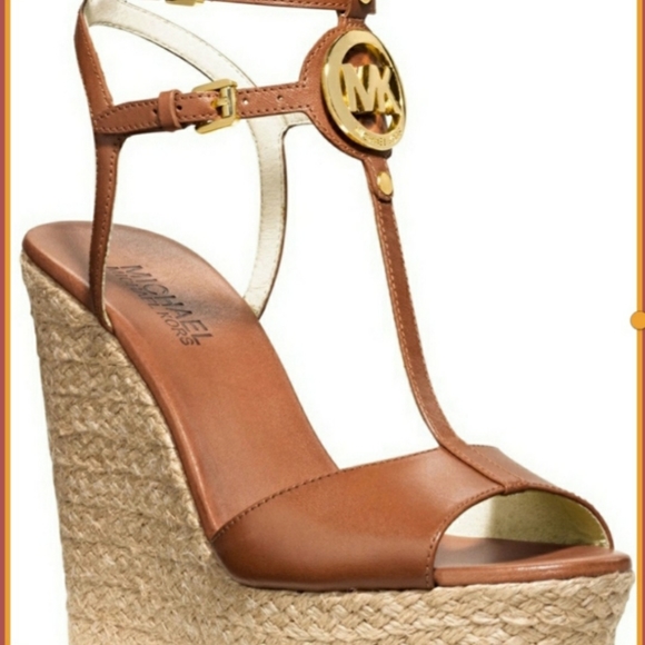 Michael Kors Shoes - MICHAEL KORS Mk Logo T-STRAP ESPADRILLE Tan Wedges